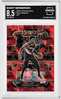 Scoot Henderson from the 2023-24 Panini Select  set featuring a Red Cracked Ice parallel graded by Arena Club and given an overall grade of 8.5.
