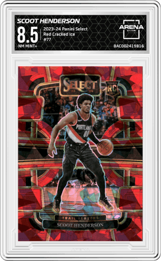 Scoot Henderson from the 2023-24 Panini Select  set featuring a Red Cracked Ice parallel graded by Arena Club and given an overall grade of 8.5.