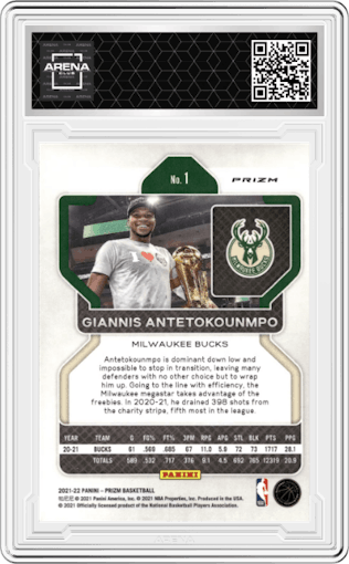 Giannis Antetokounmpo from the 2021-22 Panini Prizm  set featuring a Silver Prizm parallel graded by Arena Club.