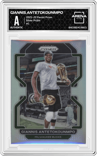 Giannis Antetokounmpo from the 2021-22 Panini Prizm  set featuring a Silver Prizm parallel graded by Arena Club.