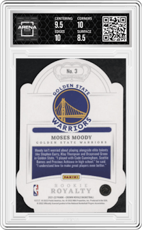 Moses Moody from the 2021-22 Crown Royale set featuring a Blue parallel graded by Arena Club and given an overall grade of 9.