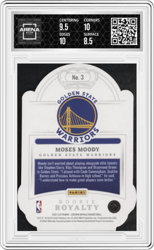 Moses Moody from the 2021-22 Crown Royale set featuring a Blue parallel graded by Arena Club and given an overall grade of 9.