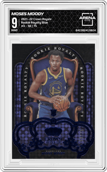 Moses Moody from the 2021-22 Crown Royale set featuring a Blue parallel graded by Arena Club and given an overall grade of 9.