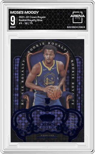 Moses Moody from the 2021-22 Crown Royale set featuring a Blue parallel graded by Arena Club and given an overall grade of 9.