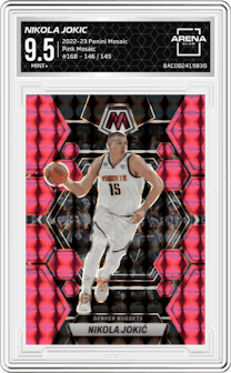 Nikola Jokic from the 2022-23 Panini Mosaic set featuring a Pink Mosaic parallel graded by Arena Club and given an overall grade of 9.5.