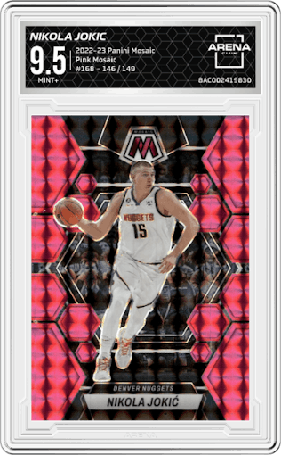 Nikola Jokic from the 2022-23 Panini Mosaic set featuring a Pink Mosaic parallel graded by Arena Club and given an overall grade of 9.5.