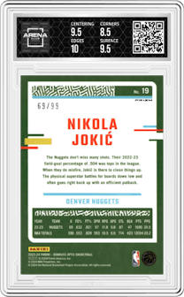 Nikola Jokic from the 2023-24 Donruss Optic set featuring a Red & Gold International parallel graded by Arena Club and given an overall grade of 9.