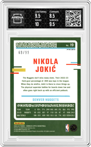 Nikola Jokic from the 2023-24 Donruss Optic set featuring a Red & Gold International parallel graded by Arena Club and given an overall grade of 9.