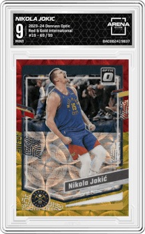 Nikola Jokic from the 2023-24 Donruss Optic set featuring a Red & Gold International parallel graded by Arena Club and given an overall grade of 9.