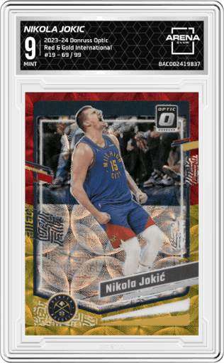 Nikola Jokic from the 2023-24 Donruss Optic set featuring a Red & Gold International parallel graded by Arena Club and given an overall grade of 9.