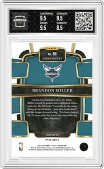 Brandon Miller from the 2023-24 Panini Select  set featuring a Green Ice parallel graded by Arena Club and given an overall grade of 9.