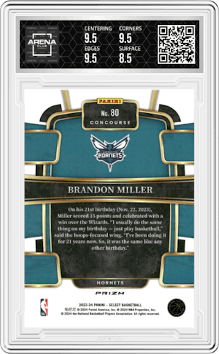 Brandon Miller from the 2023-24 Panini Select  set featuring a Green Ice parallel graded by Arena Club and given an overall grade of 9.