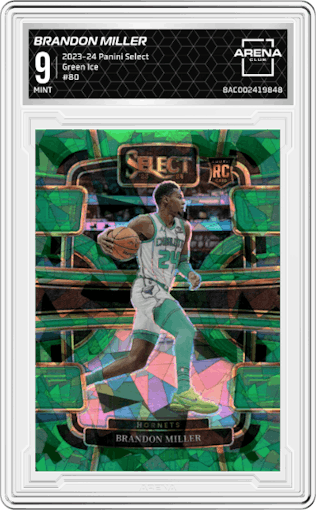 Brandon Miller from the 2023-24 Panini Select  set featuring a Green Ice parallel graded by Arena Club and given an overall grade of 9.