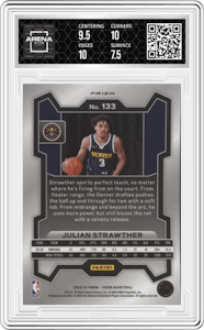 Julian Strawther from the 2023-24 Panini Prizm set featuring a Silver Prizm  parallel graded by Arena Club and given an overall grade of 8.