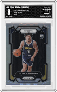 Julian Strawther from the 2023-24 Panini Prizm set featuring a Silver Prizm  parallel graded by Arena Club and given an overall grade of 8.