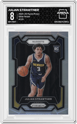 Julian Strawther from the 2023-24 Panini Prizm set featuring a Silver Prizm  parallel graded by Arena Club and given an overall grade of 8.