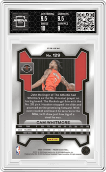 Cam Whitmore from the 2023-24 Panini Prizm set featuring a Pink Ice parallel graded by Arena Club and given an overall grade of 9.5.