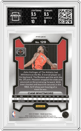 Cam Whitmore from the 2023-24 Panini Prizm set featuring a Pink Ice parallel graded by Arena Club and given an overall grade of 9.5.