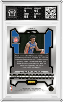 Ausar Thompson from the 2023-24 Panini Prizm set featuring a Red White Blue Prizm parallel graded by Arena Club and given an overall grade of 9.5.