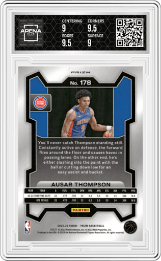 Ausar Thompson from the 2023-24 Panini Prizm set featuring a Red White Blue Prizm parallel graded by Arena Club and given an overall grade of 9.5.