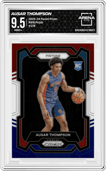 Ausar Thompson from the 2023-24 Panini Prizm set featuring a Red White Blue Prizm parallel graded by Arena Club and given an overall grade of 9.5.