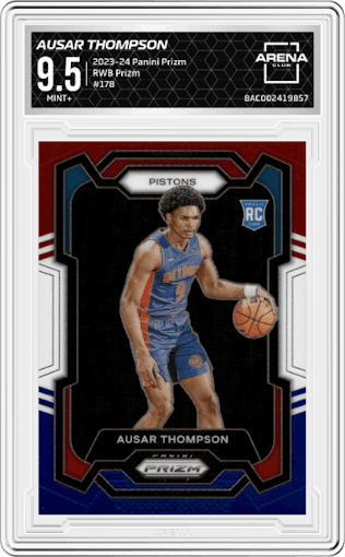 Ausar Thompson from the 2023-24 Panini Prizm set featuring a Red White Blue Prizm parallel graded by Arena Club and given an overall grade of 9.5.