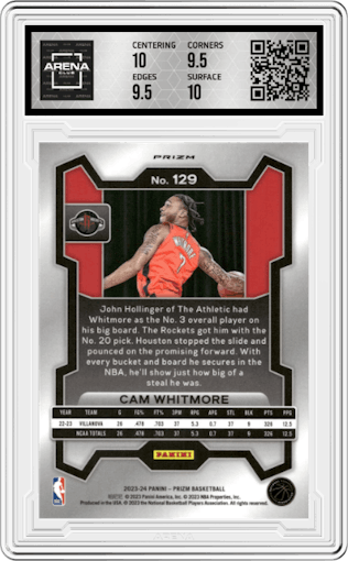 Cam Whitmore from the 2023-24 Panini Prizm set featuring a Green Prizm parallel graded by Arena Club and given an overall grade of 10.