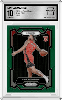 Cam Whitmore from the 2023-24 Panini Prizm set featuring a Green Prizm parallel graded by Arena Club and given an overall grade of 10.