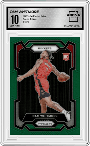 Cam Whitmore from the 2023-24 Panini Prizm set featuring a Green Prizm parallel graded by Arena Club and given an overall grade of 10.