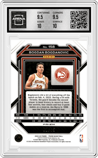 Bogdan Bogdanovic from the 2022-23 Panini Prizm  set featuring a Blue Shimmer parallel graded by Arena Club and given an overall grade of 10.