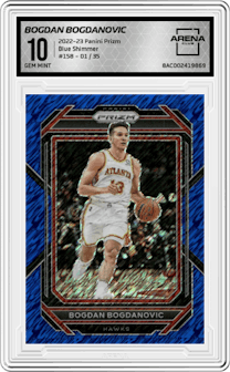 Bogdan Bogdanovic from the 2022-23 Panini Prizm  set featuring a Blue Shimmer parallel graded by Arena Club and given an overall grade of 10.