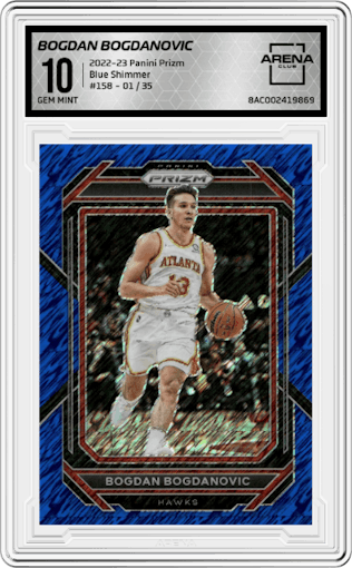 Bogdan Bogdanovic from the 2022-23 Panini Prizm  set featuring a Blue Shimmer parallel graded by Arena Club and given an overall grade of 10.