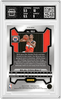 Bilal Coulibaly from the 2023-24 Panini Prizm set featuring a Red White Blue Prizm parallel graded by Arena Club and given an overall grade of 9.5.