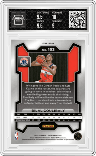 Bilal Coulibaly from the 2023-24 Panini Prizm set featuring a Red White Blue Prizm parallel graded by Arena Club and given an overall grade of 9.5.