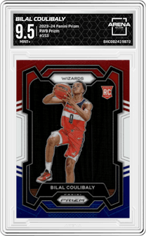 Bilal Coulibaly from the 2023-24 Panini Prizm set featuring a Red White Blue Prizm parallel graded by Arena Club and given an overall grade of 9.5.