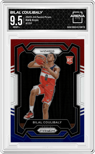 Bilal Coulibaly from the 2023-24 Panini Prizm set featuring a Red White Blue Prizm parallel graded by Arena Club and given an overall grade of 9.5.