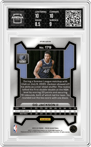 GG Jackson II from the 2023-24 Panini Prizm set featuring a Green Prizm parallel graded by Arena Club and given an overall grade of 9.