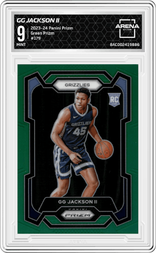GG Jackson II from the 2023-24 Panini Prizm set featuring a Green Prizm parallel graded by Arena Club and given an overall grade of 9.