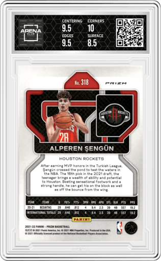 Alperen Sengun from the 2021-22 Panini Prizm  set featuring a Red/White/Blue Prizm parallel graded by Arena Club and given an overall grade of 9.