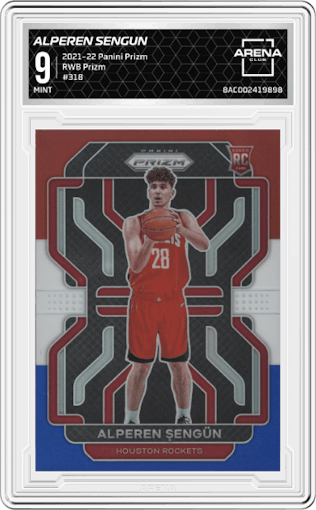 Alperen Sengun from the 2021-22 Panini Prizm  set featuring a Red/White/Blue Prizm parallel graded by Arena Club and given an overall grade of 9.