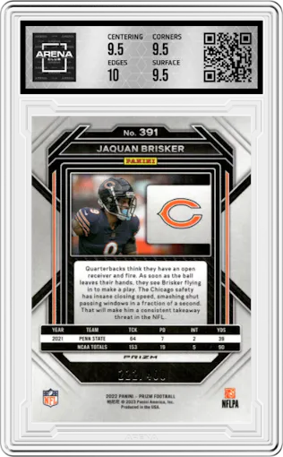 Jaquan Brisker from the 2022 Panini Prizm set featuring a Pandora parallel graded by Arena Club and given an overall grade of 10.