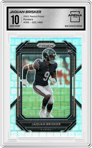 Jaquan Brisker from the 2022 Panini Prizm set featuring a Pandora parallel graded by Arena Club and given an overall grade of 10.