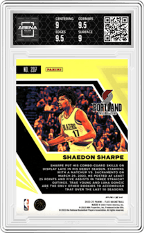 Shaedon Sharpe from the 2022-23 Panini Flux set featuring a Silver parallel graded by Arena Club and given an overall grade of 9.5.