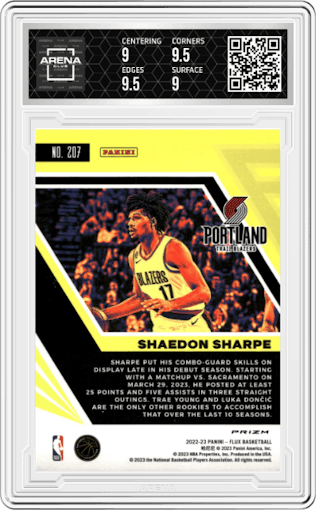 Shaedon Sharpe from the 2022-23 Panini Flux set featuring a Silver parallel graded by Arena Club and given an overall grade of 9.5.