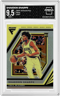 Shaedon Sharpe from the 2022-23 Panini Flux set featuring a Silver parallel graded by Arena Club and given an overall grade of 9.5.