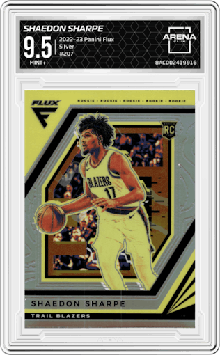 Shaedon Sharpe from the 2022-23 Panini Flux set featuring a Silver parallel graded by Arena Club and given an overall grade of 9.5.