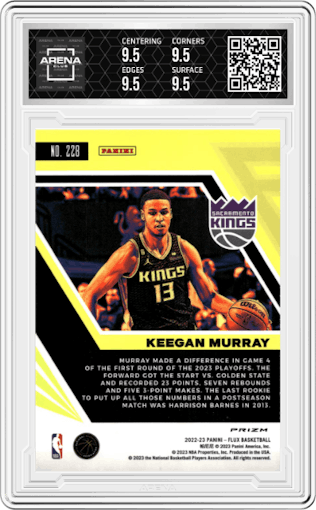 Keegan Murray from the 2022-23 Panini Flux set featuring a Red parallel graded by Arena Club and given an overall grade of 9.5.