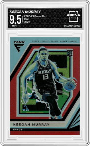 Keegan Murray from the 2022-23 Panini Flux set featuring a Red parallel graded by Arena Club and given an overall grade of 9.5.