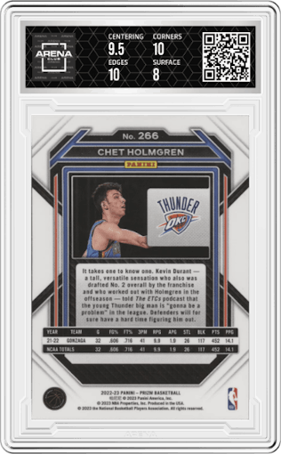 Chet Holmgren from the 2022-23 Panini Prizm  set graded by Arena Club and given an overall grade of 8.5.
