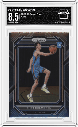 Chet Holmgren from the 2022-23 Panini Prizm  set graded by Arena Club and given an overall grade of 8.5.